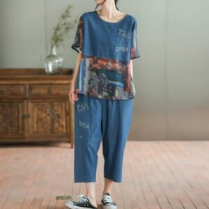 Loose Plus Size Stitching Printing Denim Suit Summer Thin Women's Casual Suit Two Fashion Sets