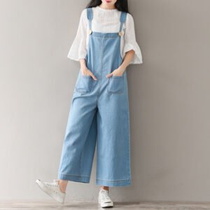 Women's Loose Large Size Cropped Pants Wide Leg Denim Brace Trousers