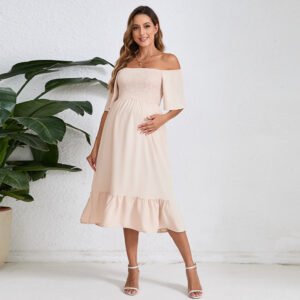 Summer Solid Color Chiffon Smocking Pregnant Women Dress Short Sleeve