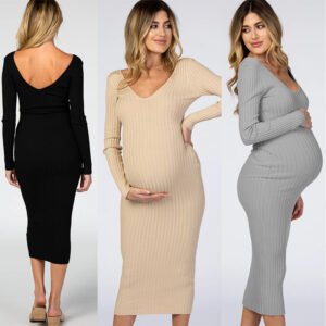 Sexy Slim V-neck Long Sleeve Pregnant Women Dress