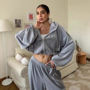 Womens Casual Set Long-sleeve Zip-up Cardigan Hoodie