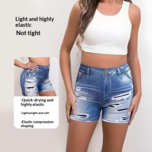 Ripped-look Denim-style Printed Three-quarter Pants