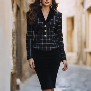 Womens Slim-Fit Casual Long-Sleeve Houndstooth Jacket