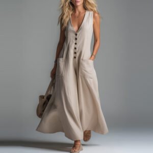 Patchwork Pocket Deep V-Neck Solid Color Casual Dress