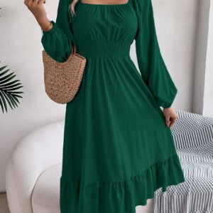 Women's Casual Solid Color Square Neck Long Sleeve Tie Waist Ruffle A-Line Dress