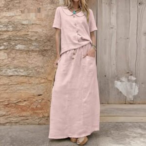 Womens Casual Solid-Colored Cotton-Linen Loose Two-Piece Skirt Set