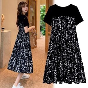 Faux Two-piece Loose-fit Patchwork Midi Short-sleeve Floral Mini Black Dress