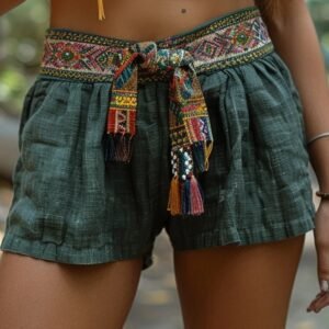 Natural Green Effortlessly Stylish Gypsy-inspired Embroidered Lace-trimmed Shorts