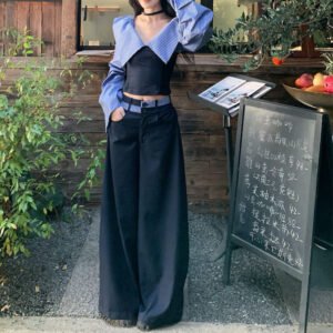 Striped Halterneck Chic Long-sleeve Shirt Paired With Draping Patchwork Wide-leg Pants