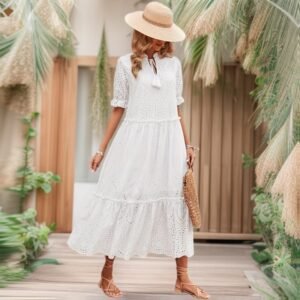 Cross-tie Spliced Long A-line Dress Elegant And Office-appropriate