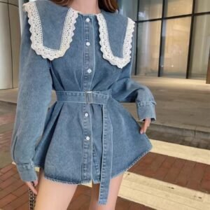 Womens Mid-length Denim Skirt With Long Sleeves And A Fitted Waist