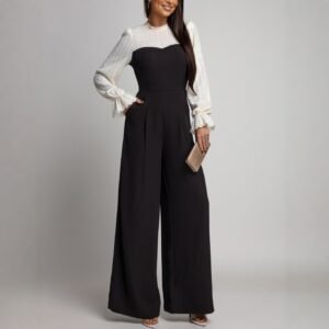 Black-and-white Patchwork Lace Long-sleeve Wide-leg Pants