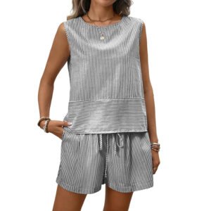 Womens Fashionable Casual Two-Piece Set Crew-Neck Sleeveless Tank Top And Shorts