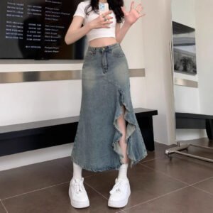 Irregularly Split Fishtail Denim Skirt
