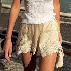 Womens Solid Color Simple And Versatile Satin Silk Lace Shorts