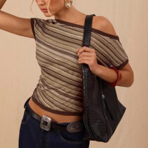 Retro Colorful Knit Top Slim-fit Contrast-color Short Sleeves