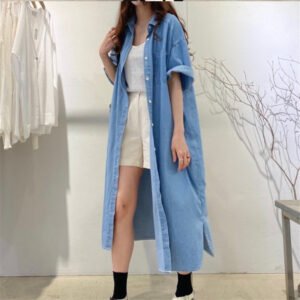 Elegance Retro Slimming Long Denim Short Sleeve Dress For Women