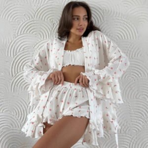 100 Cotton Printed Long-sleeve Nightgown And Shorts Pajama Set