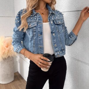 Womens Casual Short Pearl Denim Jacket