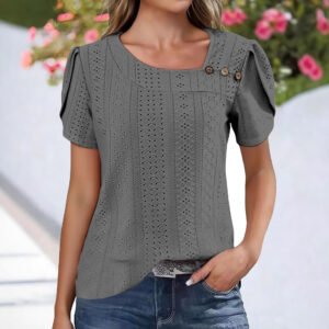 V-neck Casual Buttoned Solid-color Womens Top