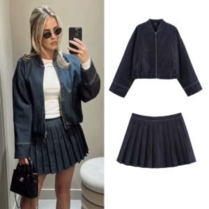Denim Pilot Jacket Wide Pleated Denim Skirted Leggings