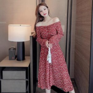 Women's Retro Casual V-Neck Floral Print Long-Sleeve Dress