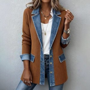 Womens Casual Denim Patchwork Ribbed Lapel Jacket Suit