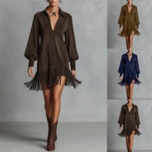 Denim Faux Suede Flared Hem Fringed Slim-fit Long-sleeve V-neck Dress