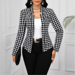 Autumn Winter Houndstooth Blazer Long-Sleeve Cardigan Coat