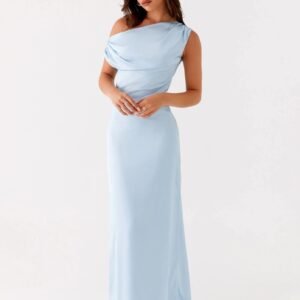 New Solid-color Asymmetrical Neckline Pleated Long Dress