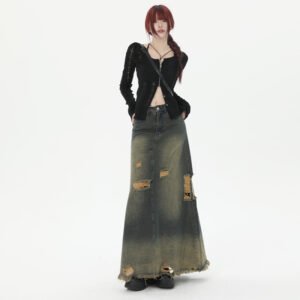 High Waist Loose And Slimming Long Skirt Ripped Denim Skirt
