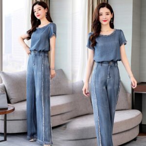 Fashion Slim Denim Wide Leg Pants Two-piece Women