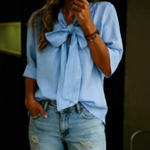 V-neck Bow-knot Loose-fit Three-quarter Sleeve Womens Top