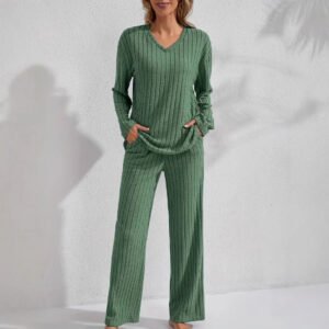 Ribbed Long-Sleeve Top And Pants Casual Comfortable Womens Loungewear Set