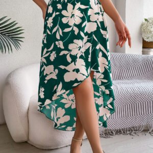 Women's Elegant Floral Print Ruffle Hem Midi Asymmetric Skirt