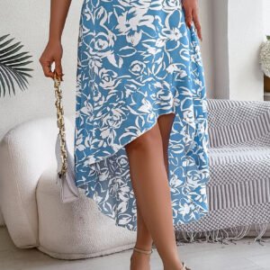 Women's Floral Print Ruffle Hem Midi Asymmetric Skirt