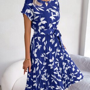Women's Casual Leaf Print Short Sleeve Flowy Pleated Dress